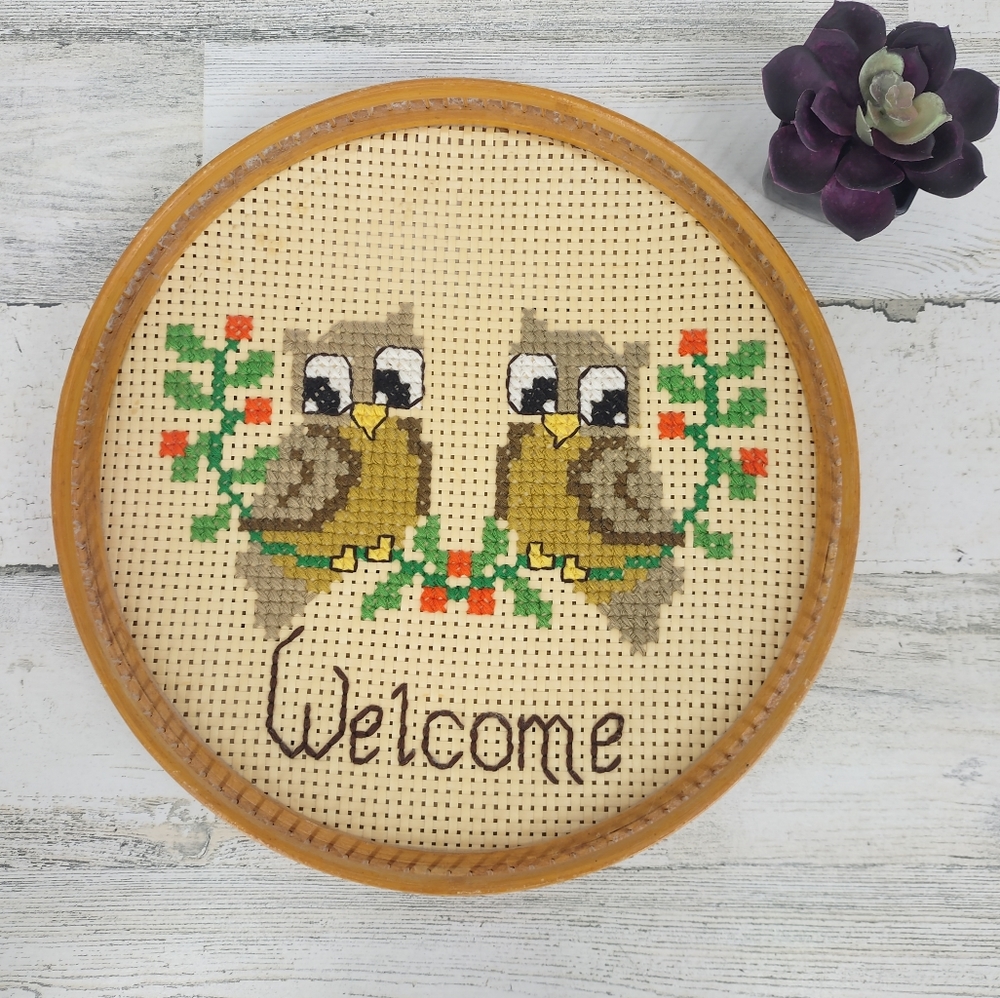 Owl Vintage Welcome Round Wicker Boho Cross Stitch Needlepoint Basket Wall Decor